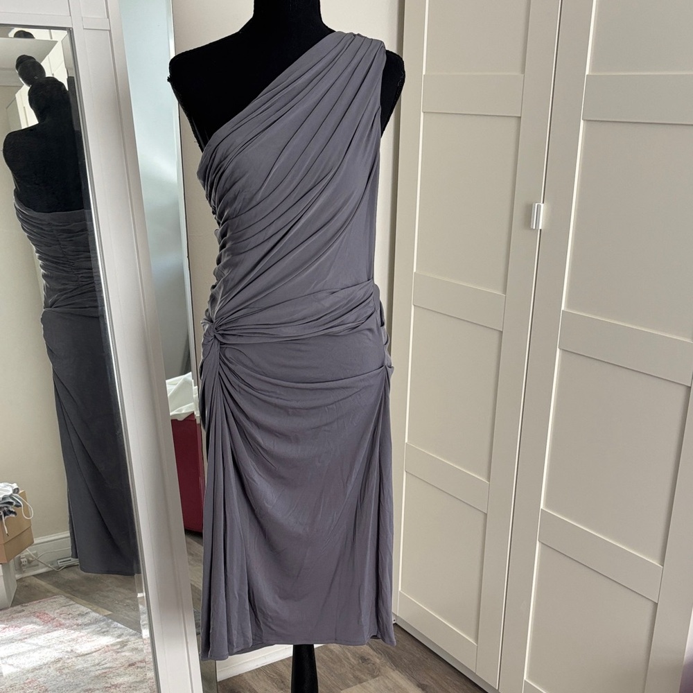 Boston Proper One-Shoulder Ruched Slate Dress